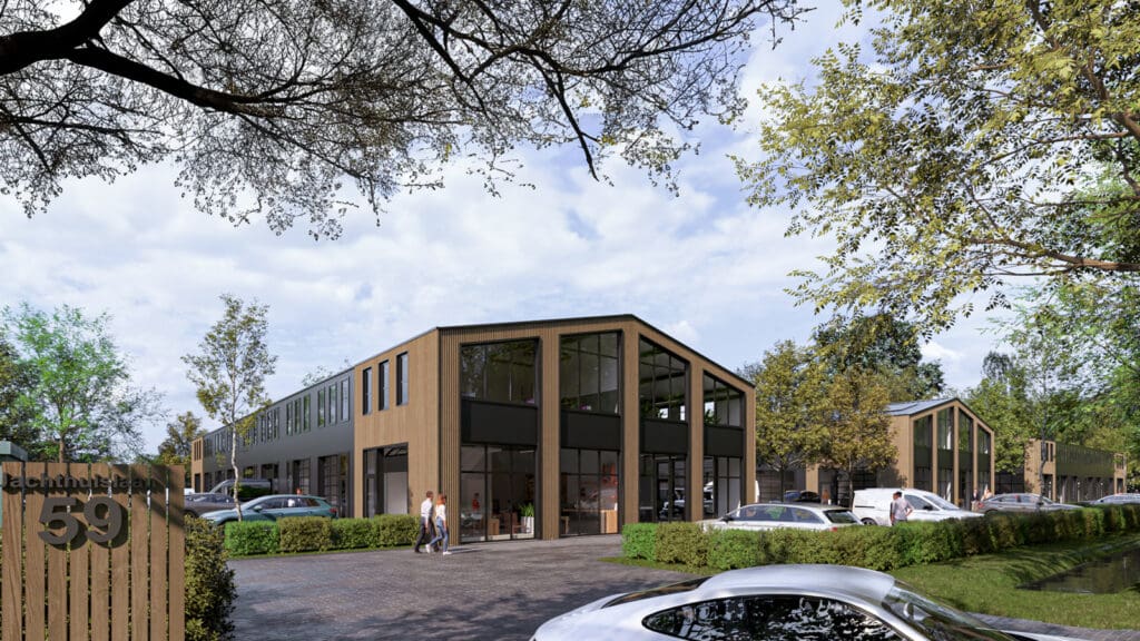 Straatbeeld van modern bedrijfsgebouw met houten gevel, huisnummer 59, parkeerplaatsen en bomen op Businesspark Soest, vlakbij Baarn
