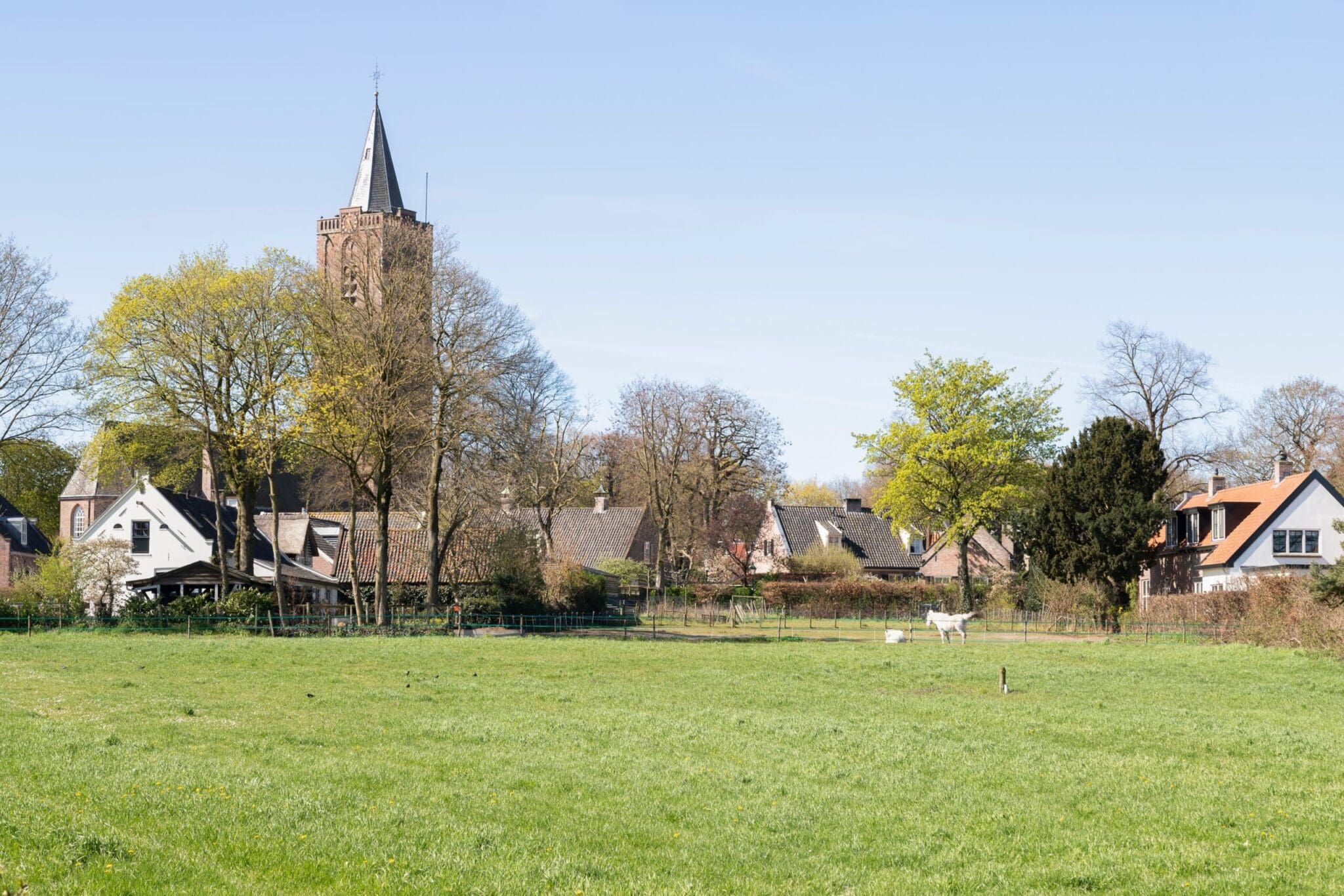 Luchtfoto van het landelijke dorp Soest omgeven door weilanden, gericht op lokale omgeving zoals Baarn.