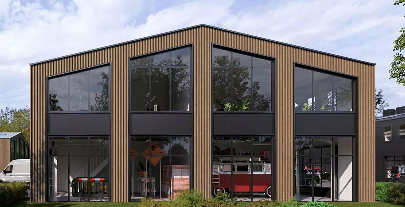 Hoek-unit bedrijfsruimte op Businesspark Soest met moderne houten gevel en grote ramen, gunstig gelegen nabij Baarn