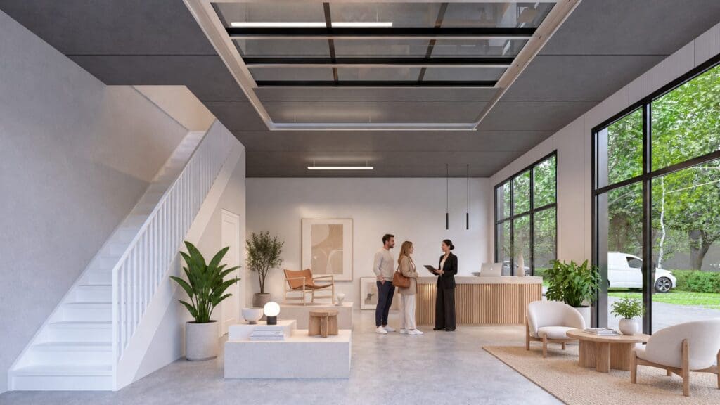 Sfeerimpressie van een hoekunit ingericht als showroom of praktijk