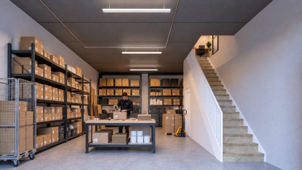 Sfeerimpressie van een tussenunit ingericht als opslag en webshop